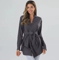 Detail of dark grey wrap cardigan showing long sleeves and adjustable waist tie - Dark Gray