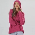 Detail of rose pink hoodie with drawstring hood and overlapping asymmetric hemline - S / Rose Red