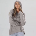 Detail shot of grey hooded sweatshirt featuring a unique asymmetrical overlapping hem - S / Gray