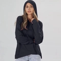 Detail of black long sleeve hoodie featuring a stylish crossover asymmetric hem design - S / Black