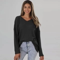 Detailed close-up of dark grey waffle knit fabric texture on a casual V-neck top - S / Black
