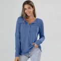 Detail of blue waffle knit fabric and classic Henley button neckline on a long sleeve top - S / Blue