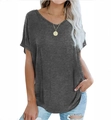 Close-up of V-neck charcoal heathered t-shirt with curved hem and soft texture - S / Dark Gray