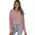 Detailed close-up of pink waffle knit texture on a loose V-neck long sleeve casual top - Purple Pink