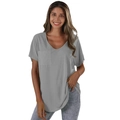 Detail of grey V-neck short sleeve T-shirt featuring a chest pocket and soft cotton fabric - S / Gray