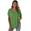 Detail view of grass green V-neck T-shirt showing front chest pocket and soft cotton fabric - S / Green
