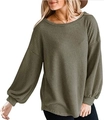 Women's dark olive green waffle knit long sleeve casual top with lantern sleeves - Army Green