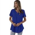 Detail of royal blue V-neck T-shirt showing button neckline and pleated front design - Blue