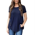 Top blu marino da donna a maniche corte con scollo rotondo, orlo curvo e bottoni laterali - S / Blu scuro