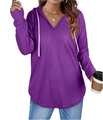 Women's purple V-neck long sleeve hoodie with white drawstrings and curved hem design - S / Purple