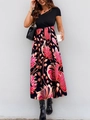 Detail of elegant V-neck patchwork maxi dress with vibrant pink tropical floral print - Pink