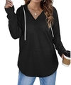Women's casual black V-neck hoodie with long sleeves and white drawstrings in a loose fit - S / Black