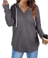 Women's casual grey V-neck hoodie with long sleeves and white drawstring detail - S / Dark Gray