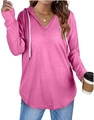 Relaxed fit pink long sleeve V-neck hoodie with white drawstrings for women - S / Rose Red