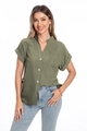 Detailed view of an olive green cotton linen shirt featuring V-neck and white buttons - Army Green