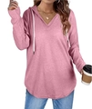 Women's casual pink V-neck long sleeve hoodie with white drawstrings and curved hem - Pink