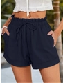 Women's dark blue high-waist paperbag casual shorts with drawstring and side pockets - S / Navy Blue