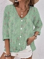 Detail of light green V-neck chiffon blouse featuring pink sequins and white buttons - S / Light Green