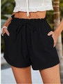 Women's black high waisted paperbag shorts with adjustable drawstring and rolled hems - S / Black