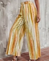 Detailed close-up of high waist elastic band on striped wide leg casual trousers - S / Khaki