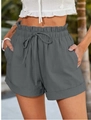 Women's casual high-waisted grey linen shorts with elastic drawstring waist and side pockets - S / Gray