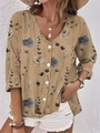 Women's V-neck floral print button-down blouse in khaki with bohemian style design - Khaki