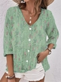 Mint green V-neck chiffon shirt with sequins, buttons and 3/4 sleeves for women - S / Light Green