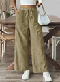 Detail of high waisted striped wide leg pants featuring drawstring waist and pockets - Khaki