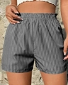 Women's casual shorts with vertical black and grey stripes and elastic waistband - S / Gray