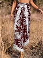 Women's burgundy paisley print wide-leg pants with elegant white lace hem trim - S / Brick Red