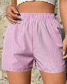Pink and white vertical striped loose summer shorts with elastic drawstring waist - S / Pink