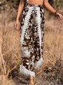 Women's boho wide-leg paisley pants in brown with white lace trim and fringe - S / Brown
