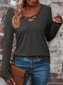 Detail of V-neckline with criss-cross straps on a grey long sleeve casual shirt - S / Black