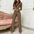Mouwloze pied-de-poule jumpsuit met V-hals, contrastrevers en gouden knopen - S / Khaki houndstooth
