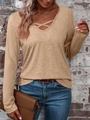 Detail of khaki criss-cross V-neck long sleeve top with textured knit fabric - Yellow