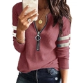 Détail du tissu gaufré et du col en V zippé sur ce t-shirt bordeaux à manches longues - S / Hauts / Rouge Brique