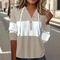 Felpa con cappuccio in maglia patchwork da donna con scollo Henley a tre bottoni - S / Cachi