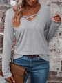 Women's V-neck dark grey long sleeve top with ribbed texture and crisscross neckline detail - S / Gray