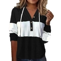 Felpa con cappuccio patchwork da donna in tessuto a costine con scollo henley a bottoni - S / Nero