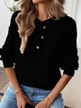 Detail of black rib-knit long sleeve henley top with button neckline and textured fabric - S / Black