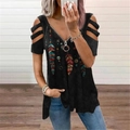 Women's V-neck zipper t-shirt with boho feather print and cold shoulder cutouts - S / Black