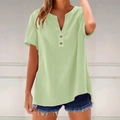 Women's casual light green cotton linen V-neck short sleeve shirt with buttons - Mint Green