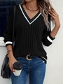 Schwarzes Damen-Langarmshirt mit V-Ausschnitt, weißen Streifen und Rippstruktur - S / Schwarz