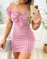 Rosa kariertes schulterfreies Minikleid mit Schleifendetail und Puffärmeln - S / Rosa