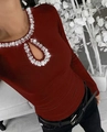 Slim fit burgundy ribbed knit top with sparkling rhinestone cutout neckline detail - S / Burgundy