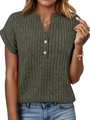 Close-up of buttoned V-neckline and ribbed texture on dark green batwing sleeve top - S / Army Green