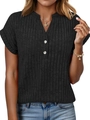 Detail of black V-neck ribbed knit top with white buttons and fixed rolled cuffs - S / Black