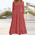 Abito lungo da donna a maniche lunghe con scollo a V e tasche laterali rosso scuro - S / Borgogna