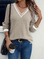 Women's V-neck ribbed knit long sleeve top in oatmeal color with contrast stripe details - Khaki