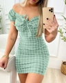 Off-shoulder light green plaid mini dress with puff sleeves and bow tie detail - S / Light Green